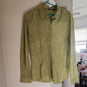 Eddie Bauer Light Green Patterned Button Down Business Casual Blouse Size Large